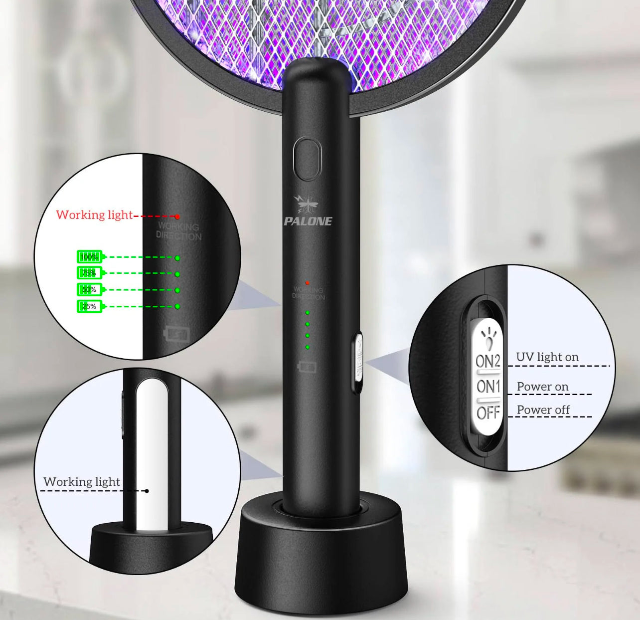 PALONE Electric Fly Swatter 4000V Bug Zapper Racket 2 in 1 (R436)