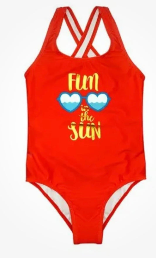 Swimming Costume 6Yr Old Girl 1 Piece 'Fun in the Sun' Red&Gold (S508) (A)