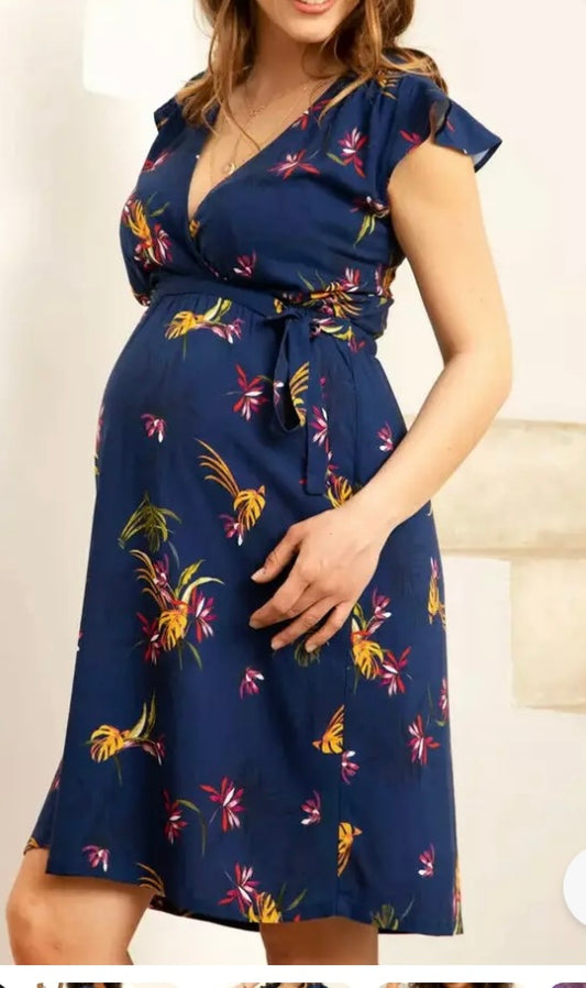 Maternity Dress Cocktail01 Fond Marine/Petites Palmes UK 14 (S506) (A)