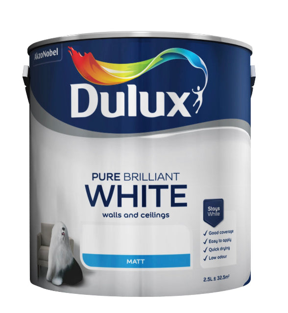 Dulux Pure brilliant white Matt Emulsion paint, 2.5L (E19) D*