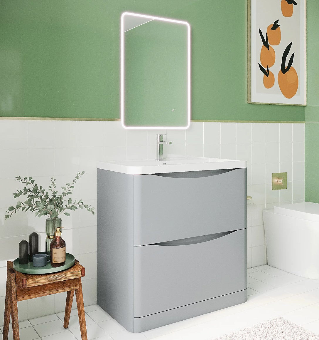 Arch Floor Standing 2 Drawer Vanity Basin Unit with Polymarble Basin, 800mm - Satin Grey - Balterley (R33)