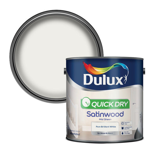 Dulux Quick dry Pure brilliant white Satinwood Metal & wood paint, 2.5L (E21) D*