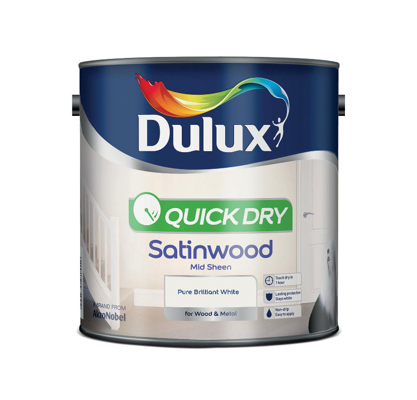 Dulux Quick dry Pure brilliant white Satinwood Metal & wood paint, 2.5L (E21) D*