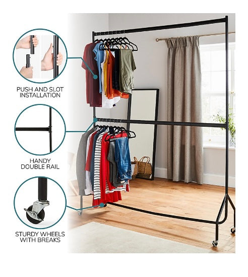 House of Home 6ft long x 7ft Two Tier Heavy Duty Clothes Rail Garment Hanging Rack In Black (S445)