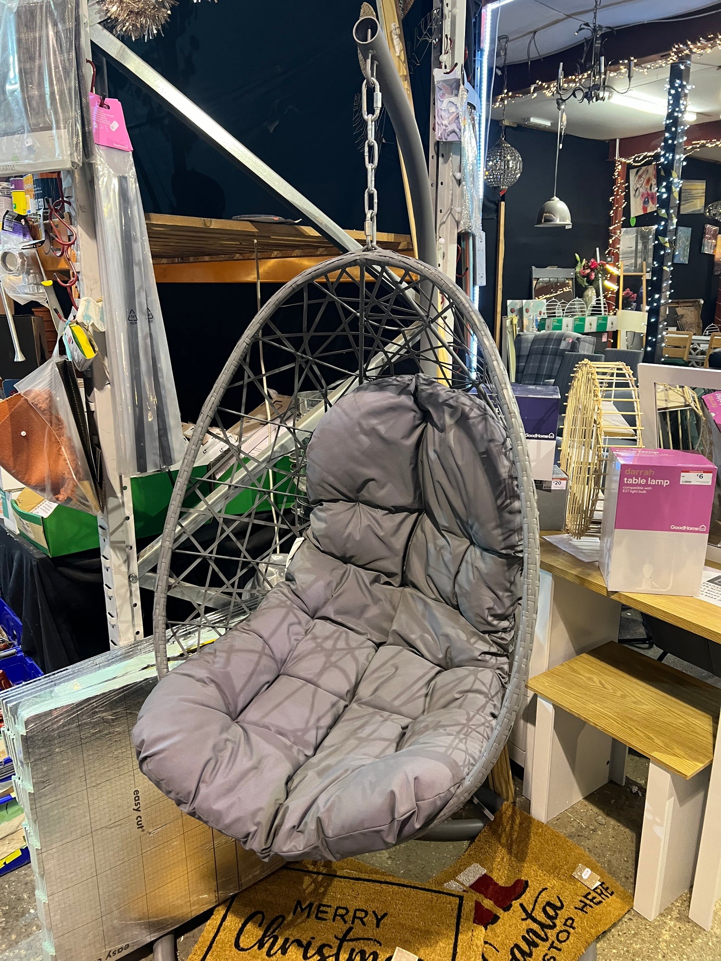 Grey Hanging Rattan Egg Chair with Cushions (1B)