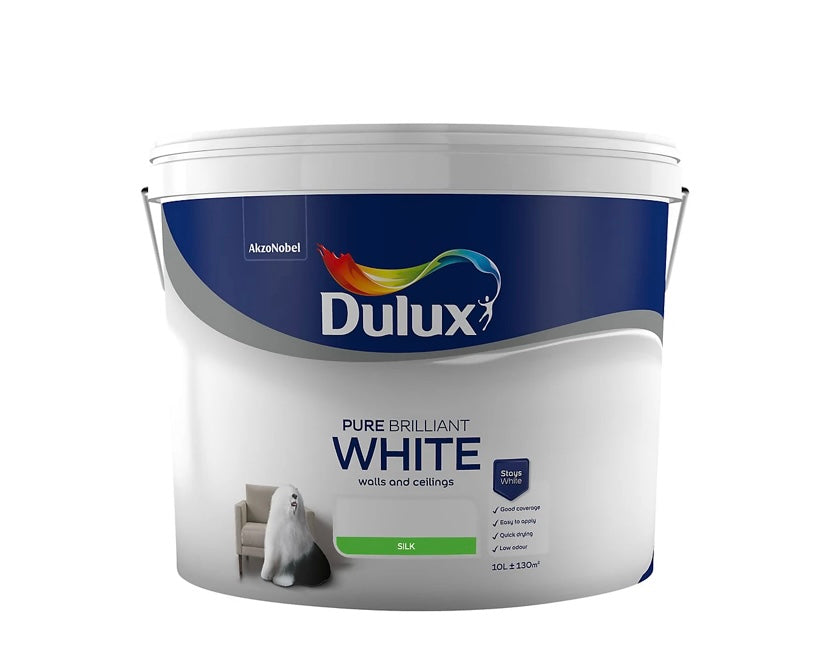 Dulux Walls & Ceilings Pure brilliant white Silk Emulsion paint, 10L (S767)