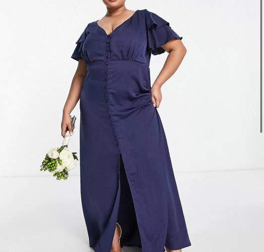 Plus Bridesmaid satin maxi dress flutter sleeves navy UK 18 (R102)(M)