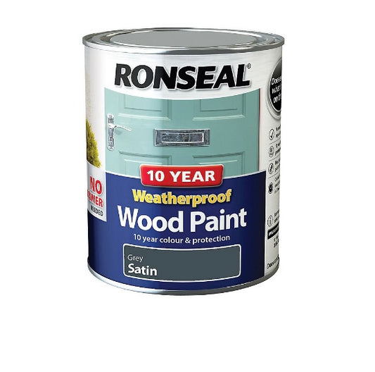 Ronseal Weatherproof Wood Paint Grey Satin Exterior Wood paint, 750ml Tin (S472)