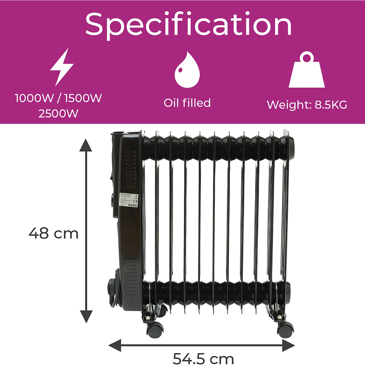 Neo 2500W 11 Fin Electric Oil Filled Radiator With Timer - Black (R277)