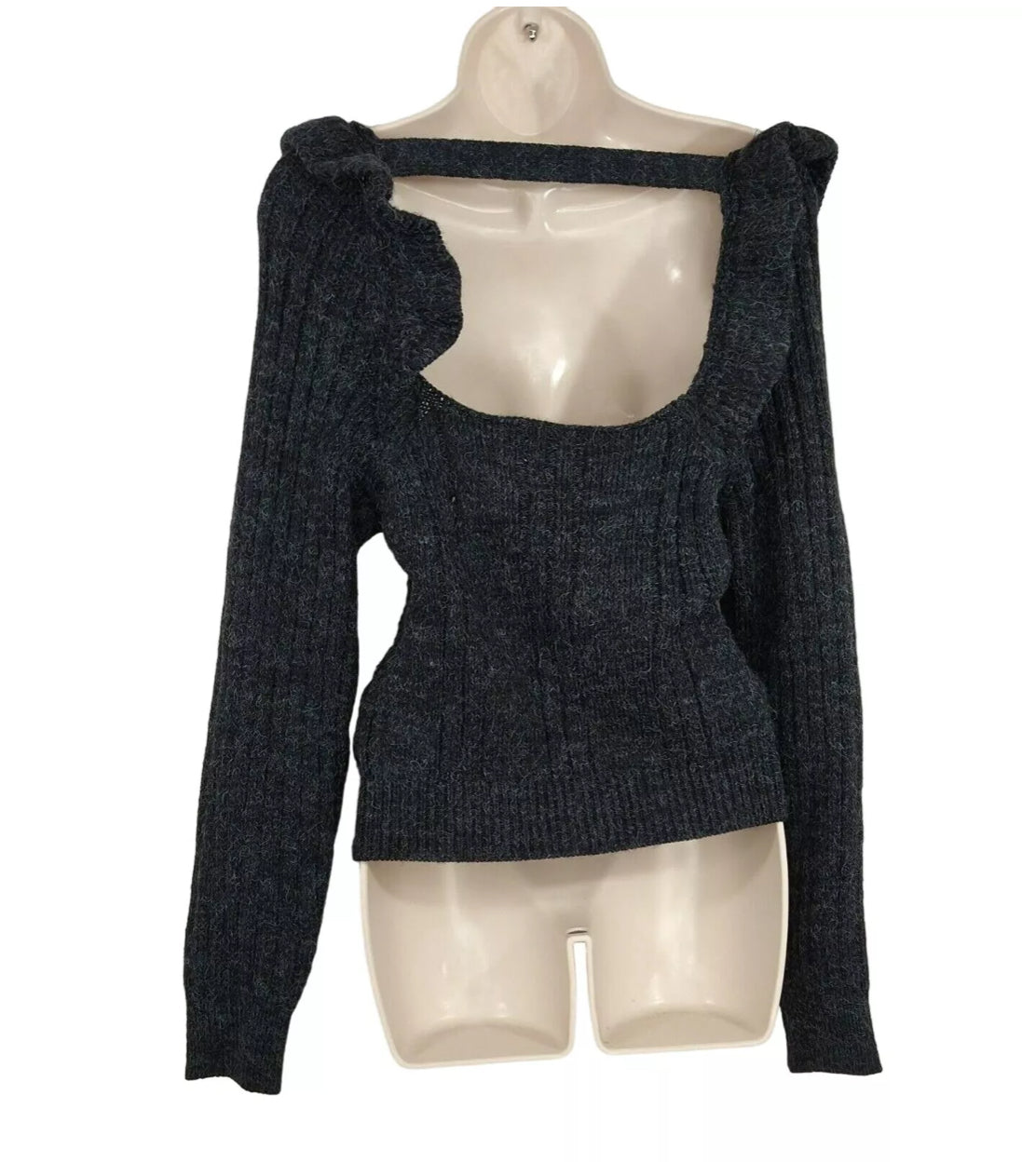 Topshop Open Back Ruffle Sweater Women Charcoal Long Sleeve XS (S25) (M)