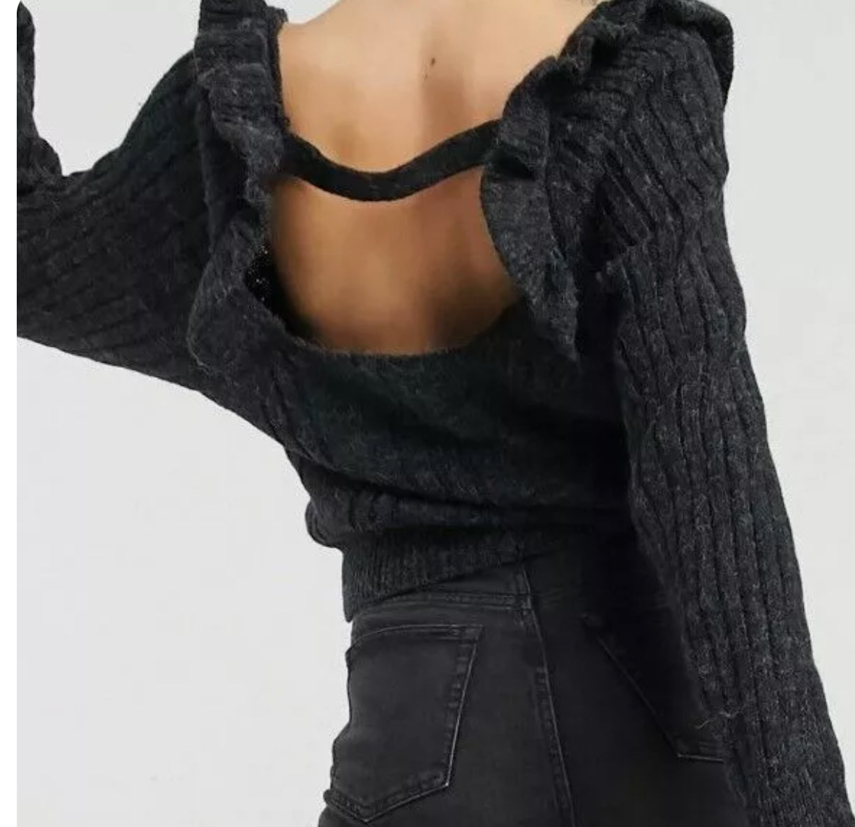 Topshop Open Back Ruffle Sweater Women Charcoal Long Sleeve XS (S25) (M)