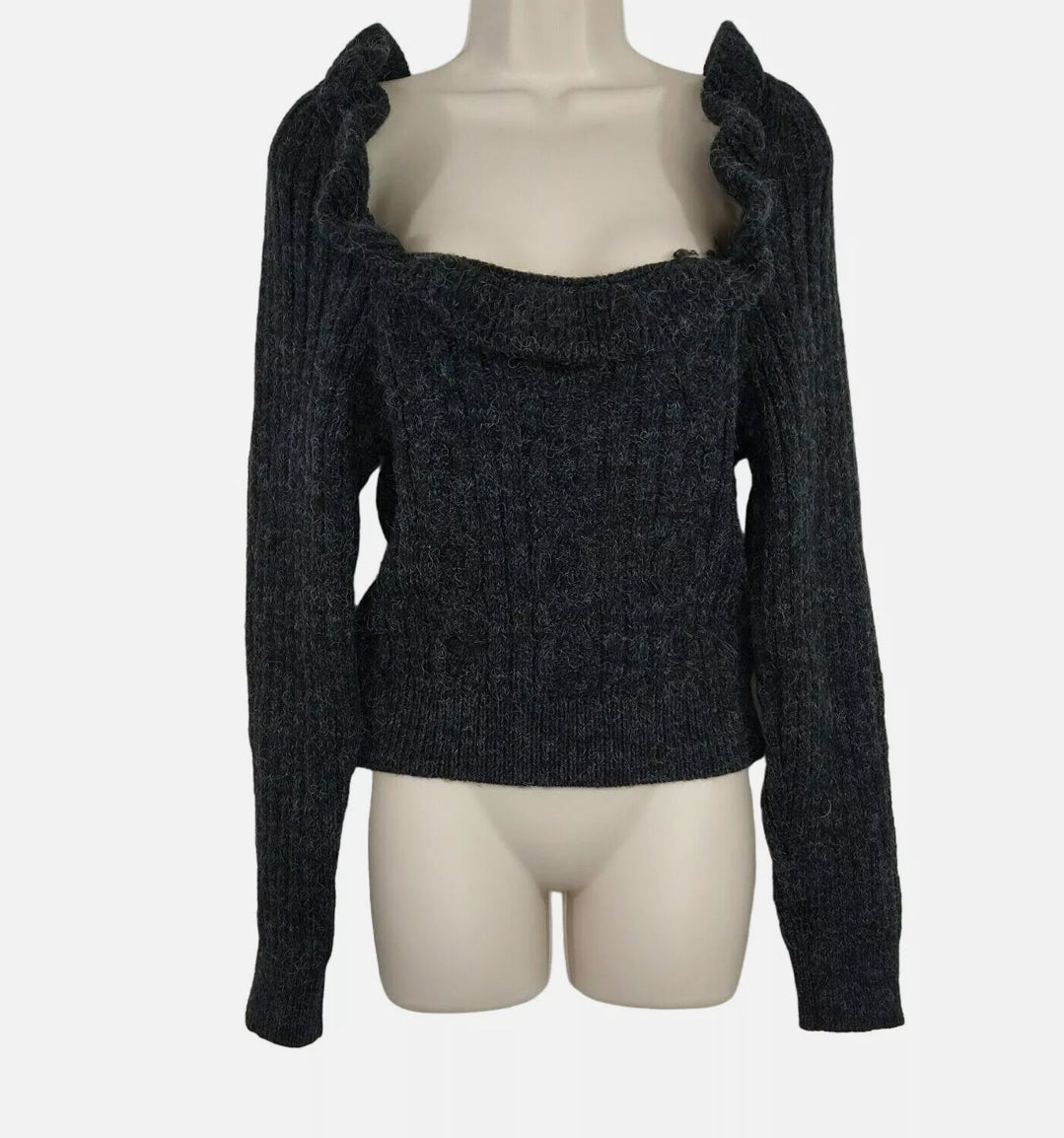 Topshop Open Back Ruffle Sweater Women Charcoal Long Sleeve XS (S25) (M)