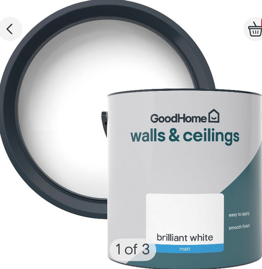 GoodHome Walls & Ceilings Brilliant white Vinyl matt Emulsion paint, 2.5L (S545)