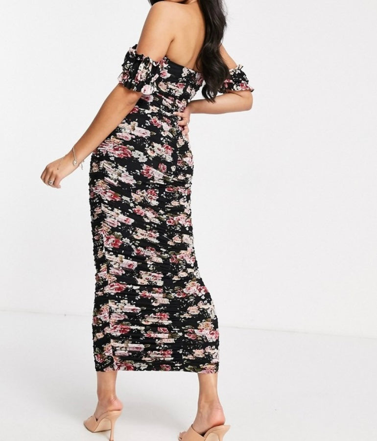 Pretty Darling bardot ruched bodycon maxi dress in black floral UK 6 (R105) (M)