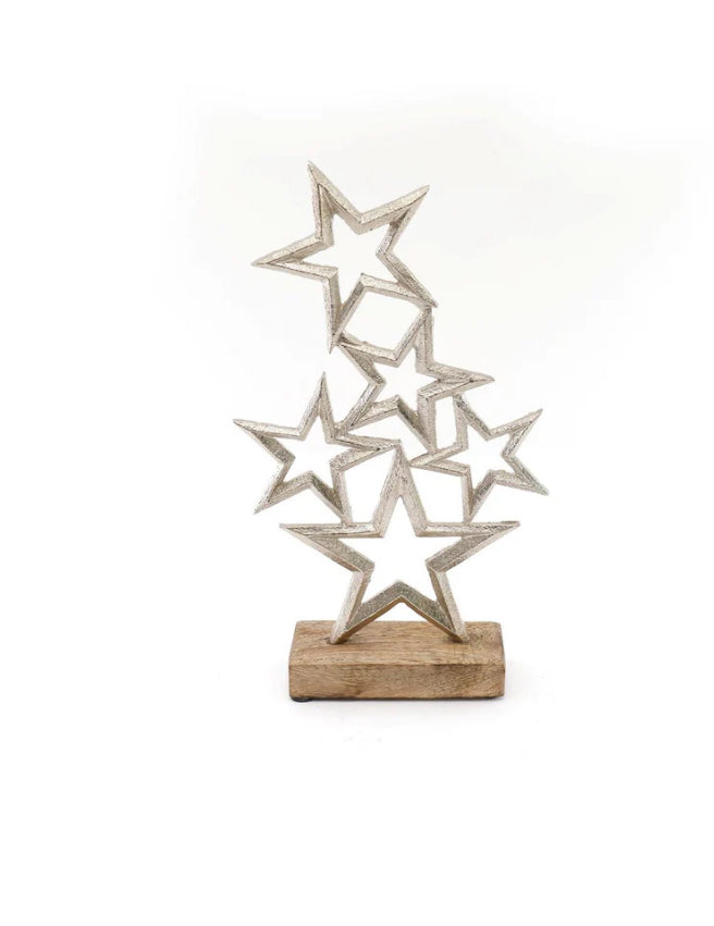 Silver Metal Stars On Wood Plinth (R398) (Room1)