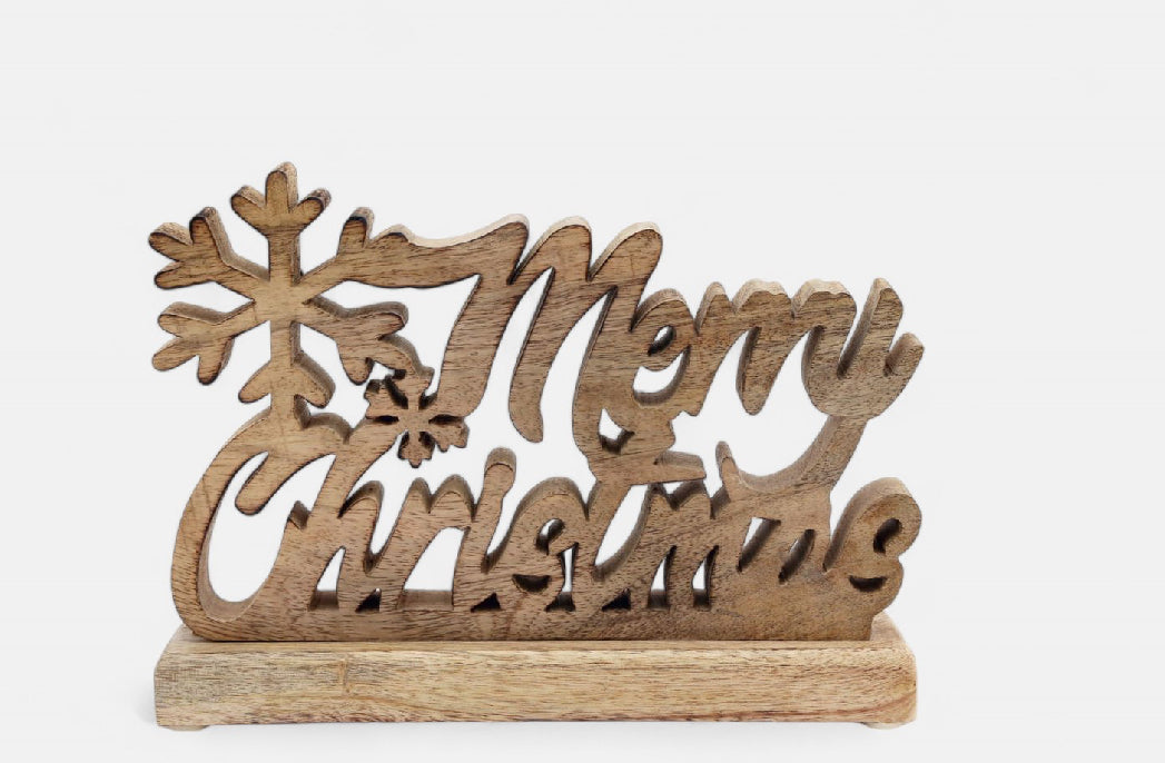 Wood Carved Merry Christmas Script On Base (R392) Room1