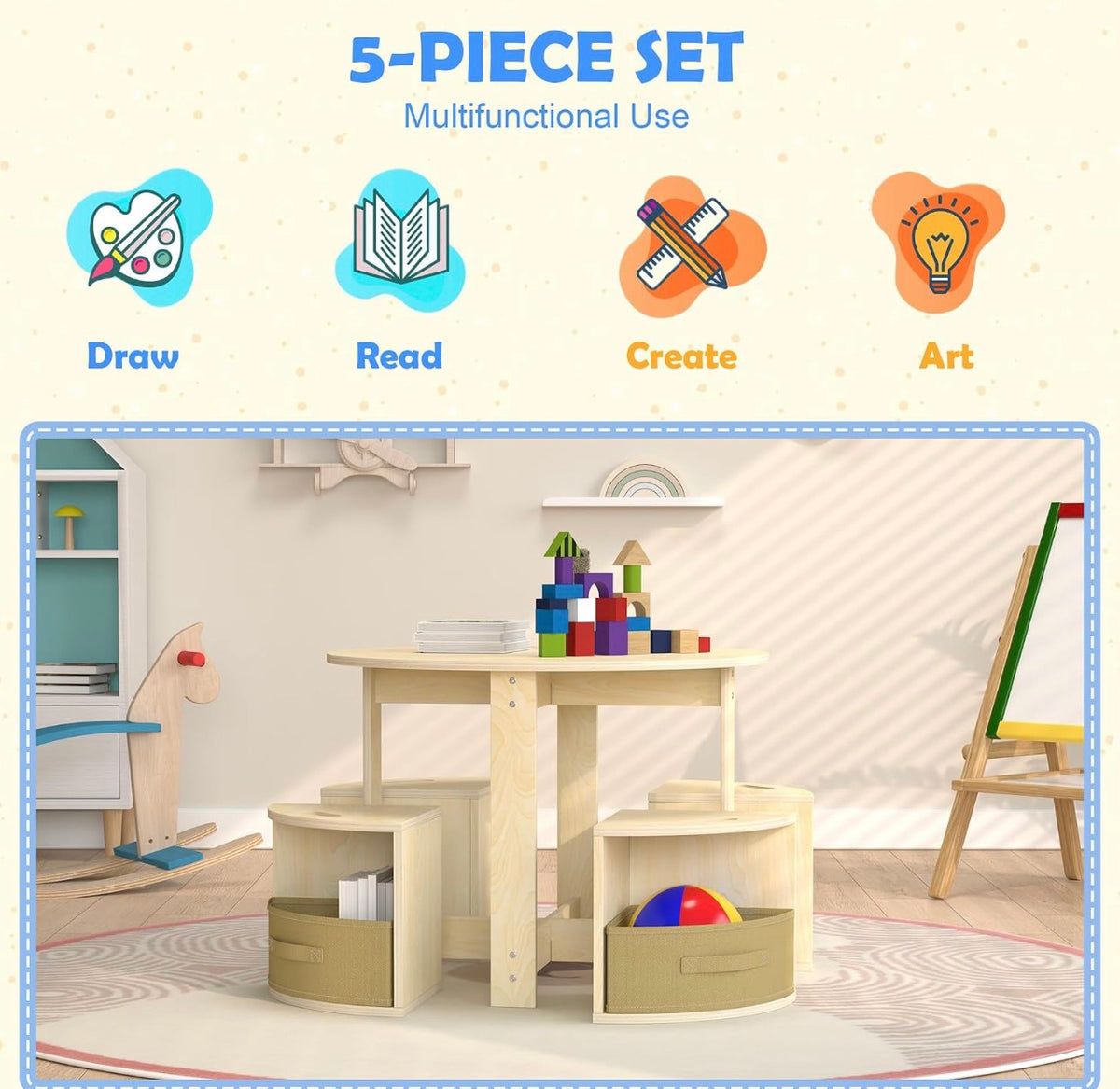 Puecrof Children's Table with 3 Stools & Storage Space - Round NEW BOXED