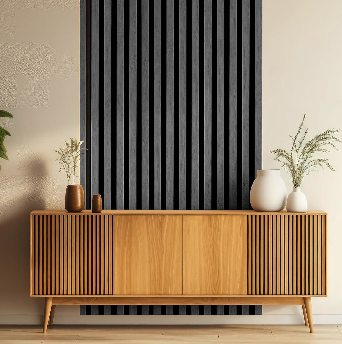 Wall Panel Wood Slat Grey Oak Decorative Wooden Wall Panelling 3D Slatted Acoustic Sound Absorbing Ceiling or Wall Slats 300 x 60 (R373) Room2