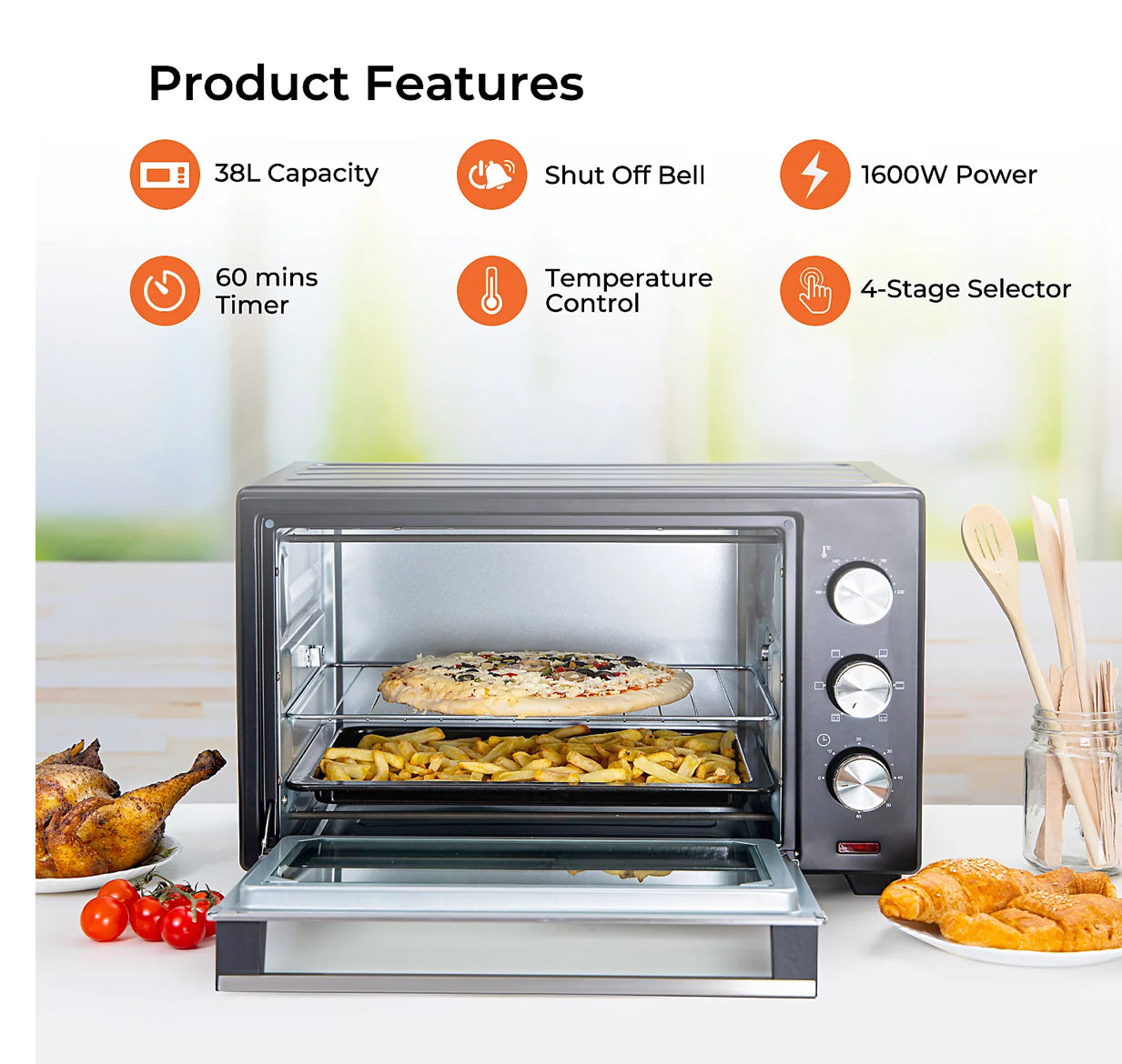 Geepas 38L Mini Oven and Grill, 1600W Electric Mini Oven with Rotisserie (R164)