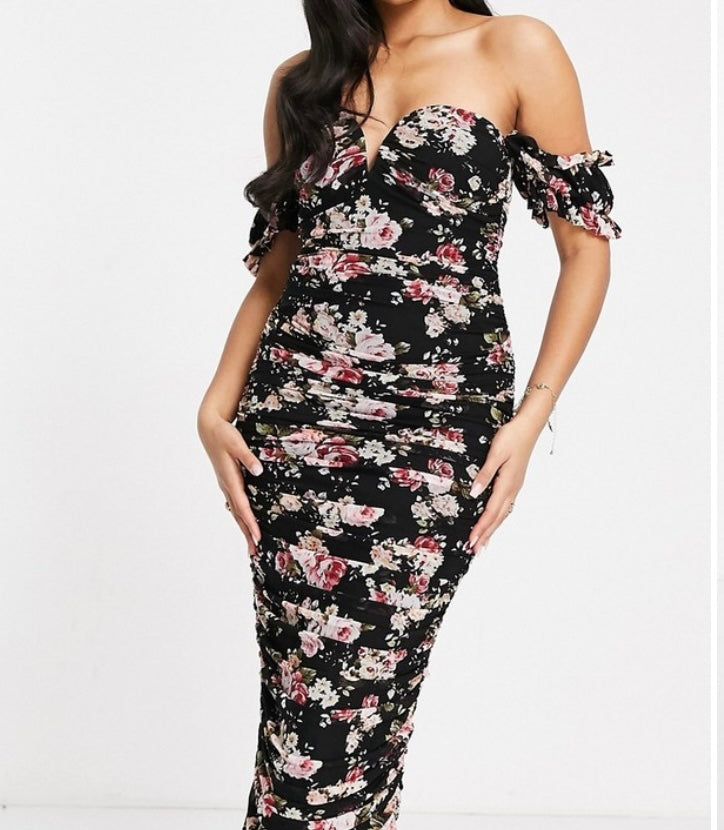 Pretty Darling bardot ruched bodycon maxi dress in black floral UK 6 (R105) (M)