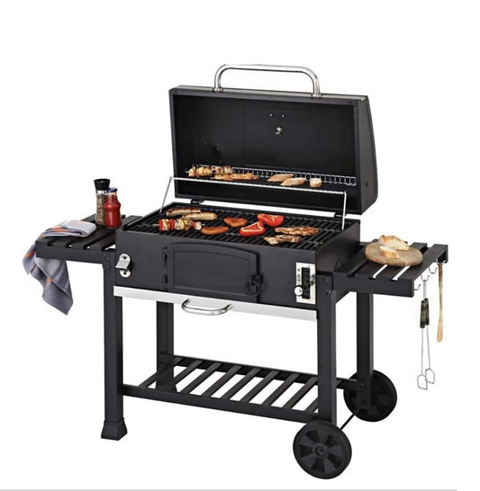 CosmoGrill XXL Smoker Black Charcoal Barbecue with Wheels Foldable Side Tray (S663)