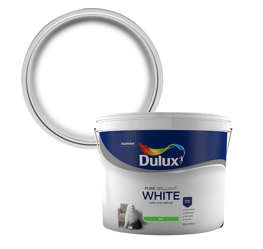 Dulux Walls & Ceilings Pure brilliant white Silk Emulsion paint, 10L (S767)