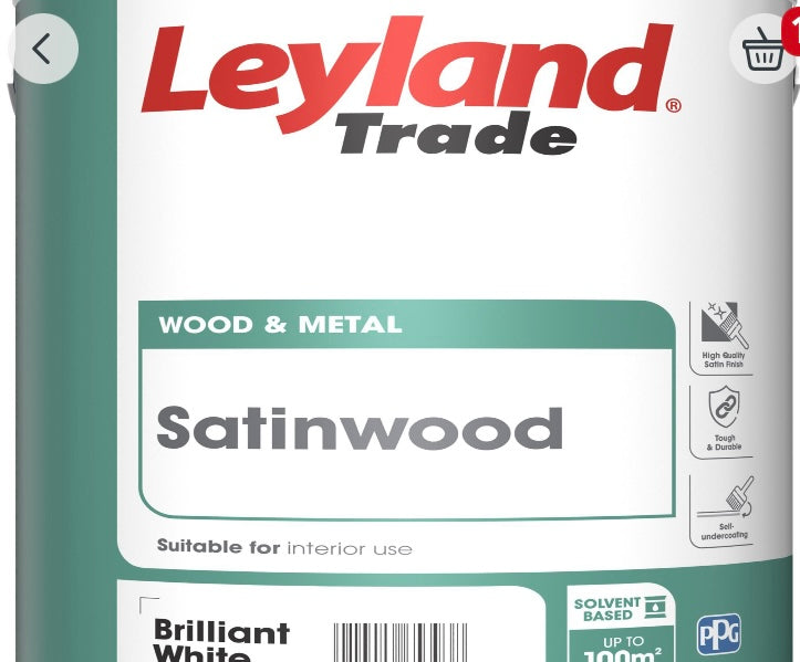 Leyland Trade Pure brilliant white Satinwood Metal & wood paint 5L (S720) (D*)