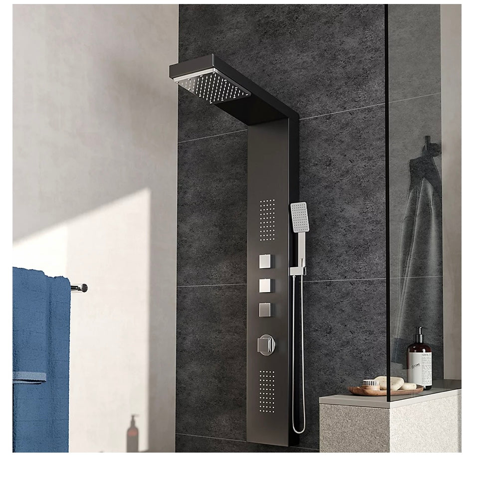 Black Modern Exposed Shower Tower Panel Thermostatic Mixer Shower Set (S674)