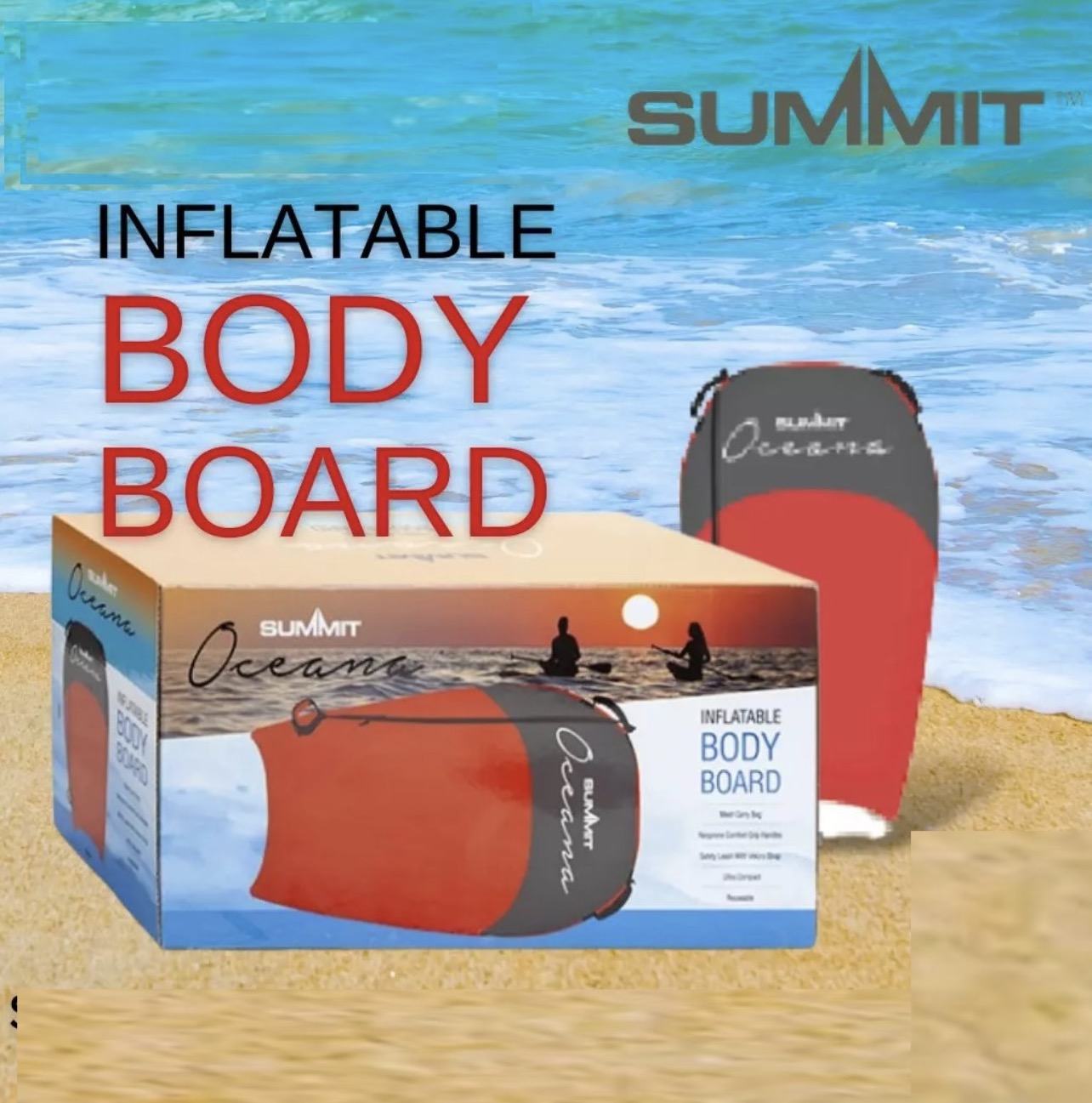 Summit Oceana Single Inflatable Body Board - Red | Surfing & Beach Bodyboard