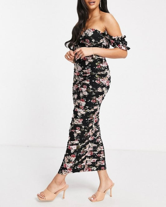 Pretty Darling bardot ruched bodycon maxi dress in black floral UK 6 (R105) (M)