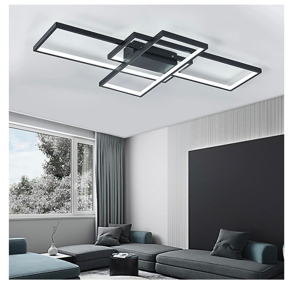 Black Frame Neutral Style Rectangular LED Semi Flush Ceiling Light Fixture 90cm Cool White (S651)