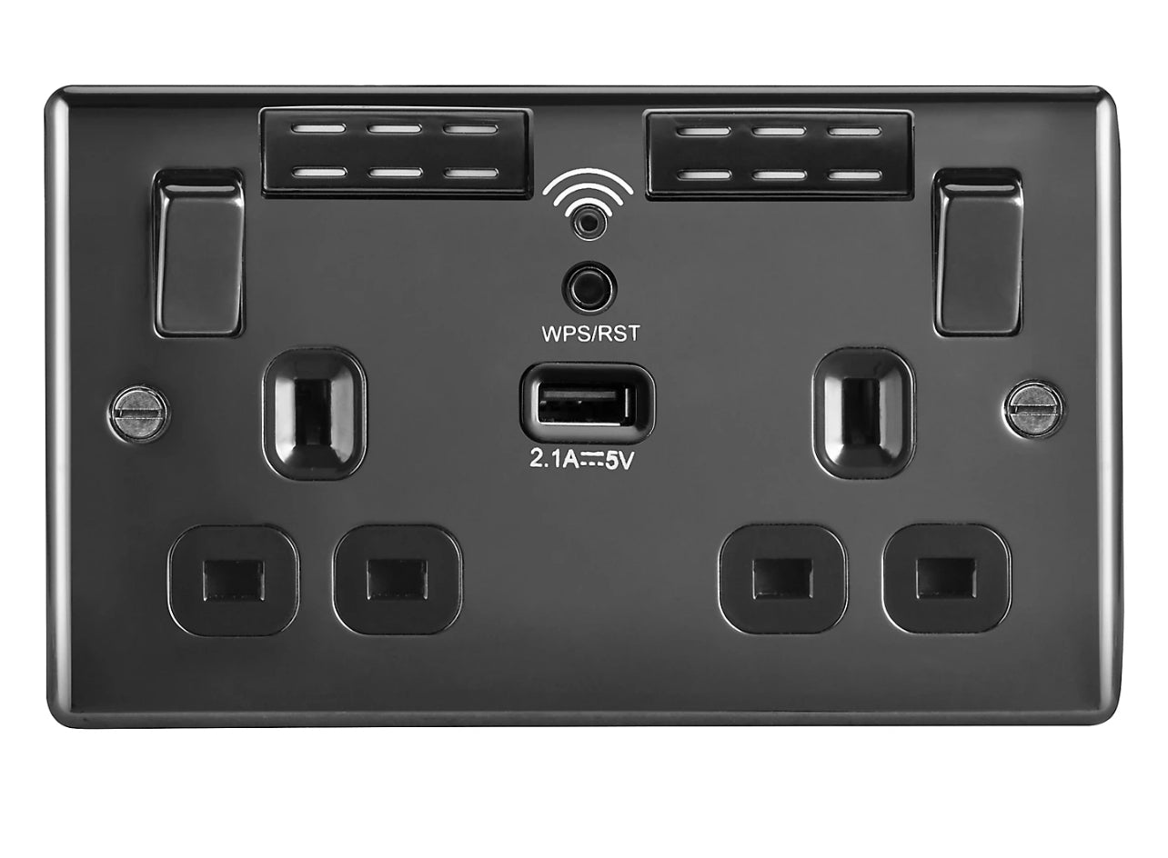 BG Black Nickel 13A Switched Double WiFi extender socket with USB (R405) [Room1]