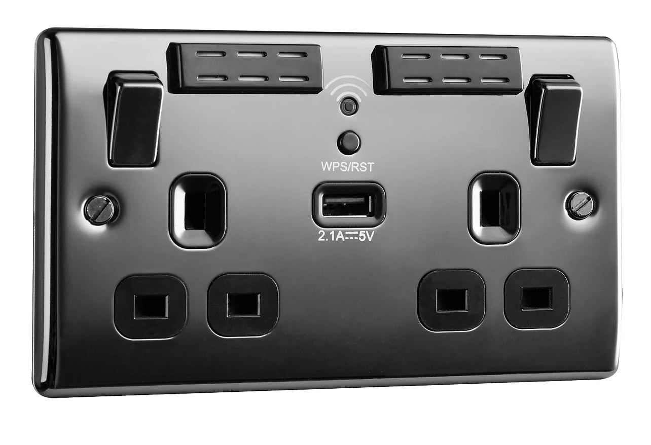 BG Black Nickel 13A Switched Double WiFi extender socket with USB (R405) [Room1]