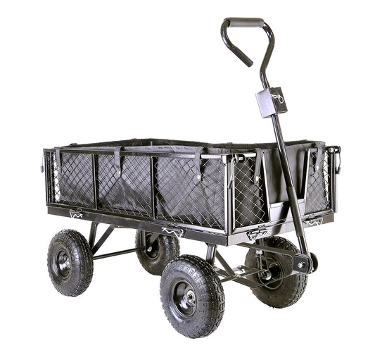 Garden TRAILER Cart Pull Along Trolley 350kg Heavy Duty Black Mesh Utility Gardeners Wagon with Removable Liner & Folding Sides (R163)