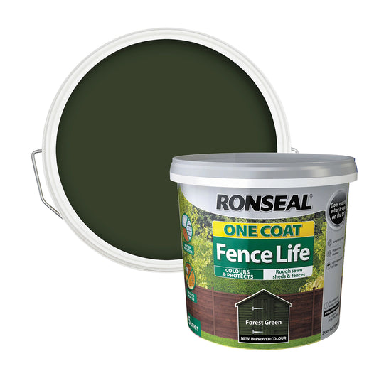 Ronseal One Coat Fence Life Forest green Matt Exterior Wood paint, 5L Tub (R348)