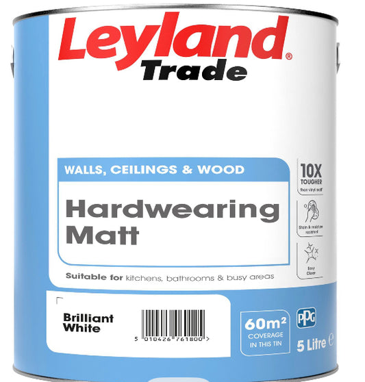 Leyland Trade Hardwearing Brilliant White Matt Emulsion paint, 5L (S728)