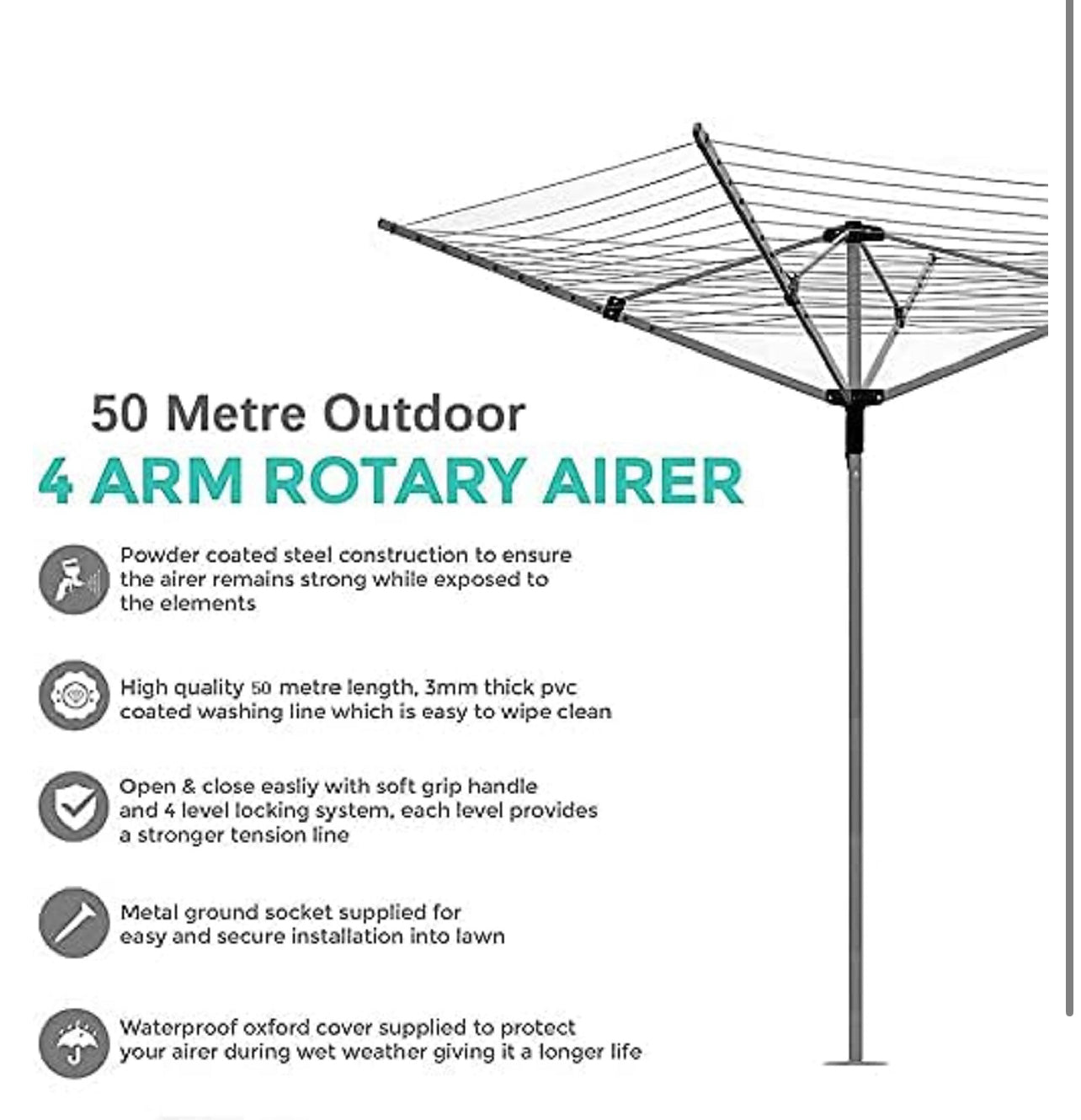 Abaseen 40m Grey Rotary Washing Lines Heavy Duty Folding 4 Arm Garden Clothes Airer Dryer Comes with Cover & Metal Ground Spike (R367)