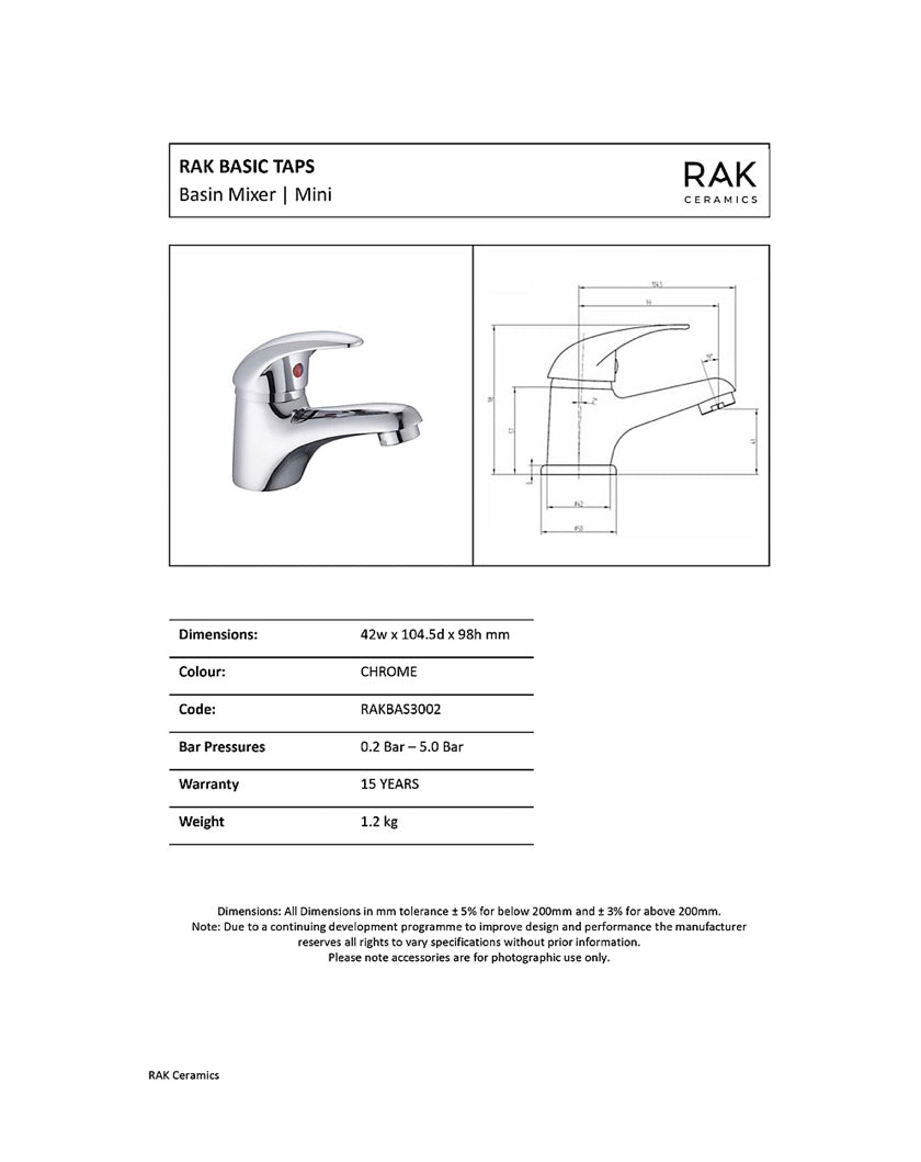 RAK Basic Polished Chrome Modern Basin Cloakroom Sink Mixer Tap Solid Brass (S693)