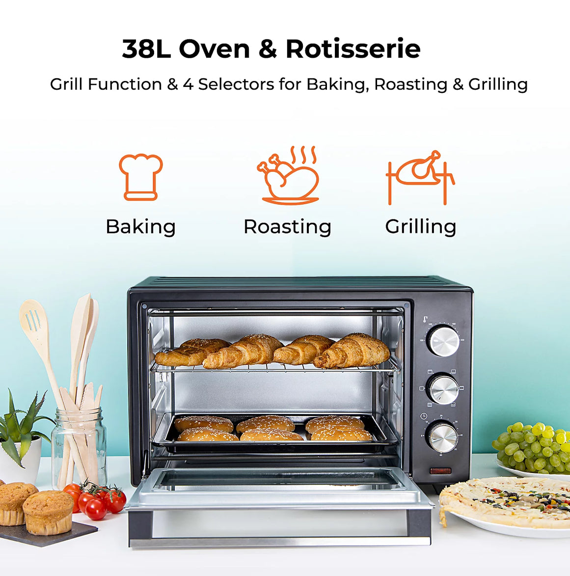 Geepas 38L Mini Oven and Grill, 1600W Electric Mini Oven with Rotisserie (R164)