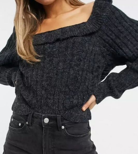 Topshop Open Back Ruffle Sweater Women Charcoal Long Sleeve XS (S25) (M)