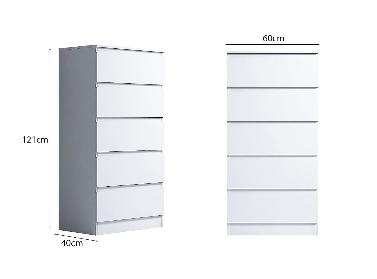 Stora 5 Drawer Tall Slim Matt White Chest Of Drawers (5B)