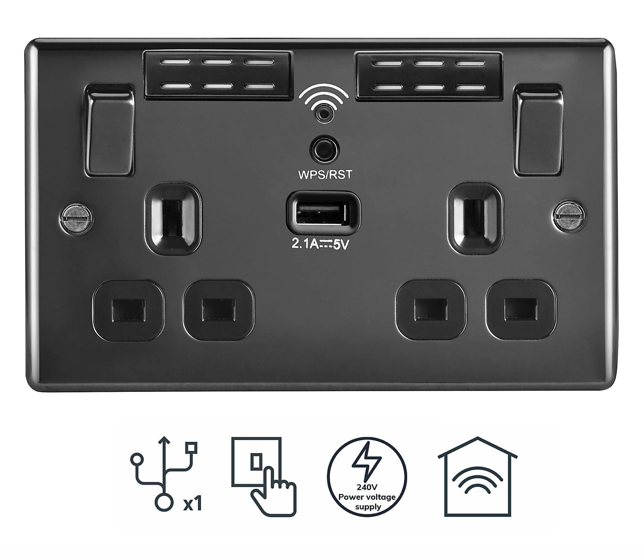 BG Black Nickel 13A Switched Double WiFi extender socket with USB (R405) [Room1]