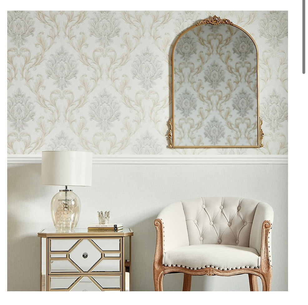 Aurora Damask Wallpaper In Duck Egg Green With Vintage Cream And Gold S631 (E*)