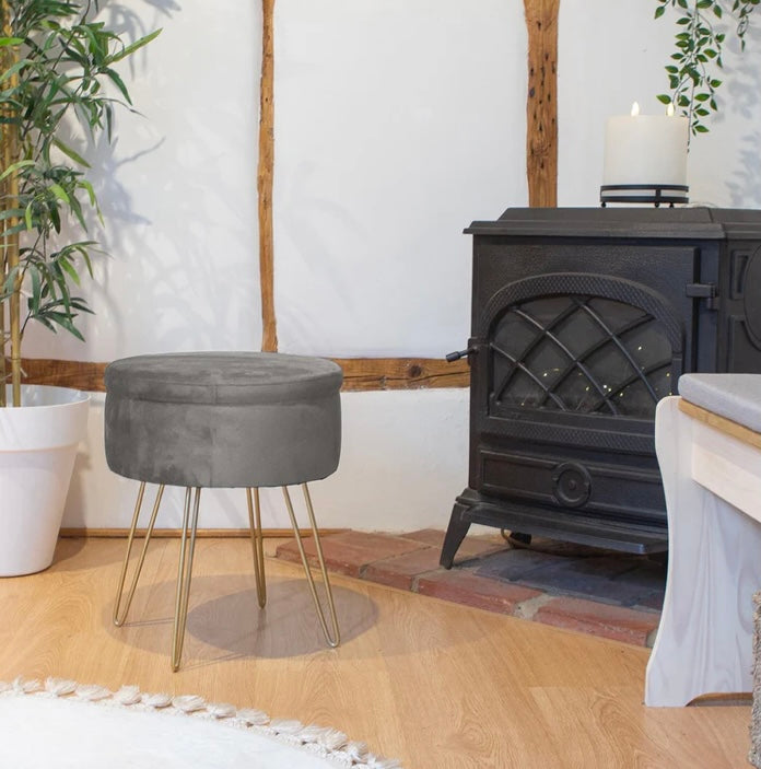 Grey Round Velvet Storage Footstool (S555)