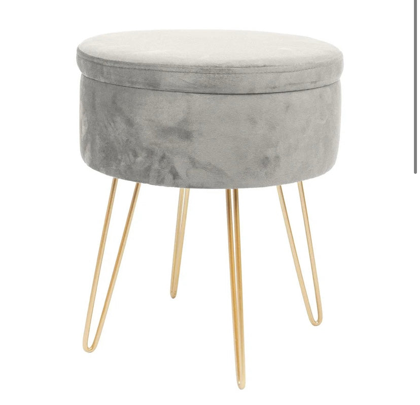 Grey Round Velvet Storage Footstool (S555)