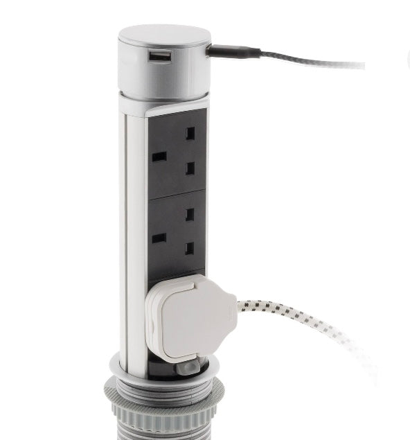 Otio 13A Silver effect Plastic Inset desktop socket with USB (S733)