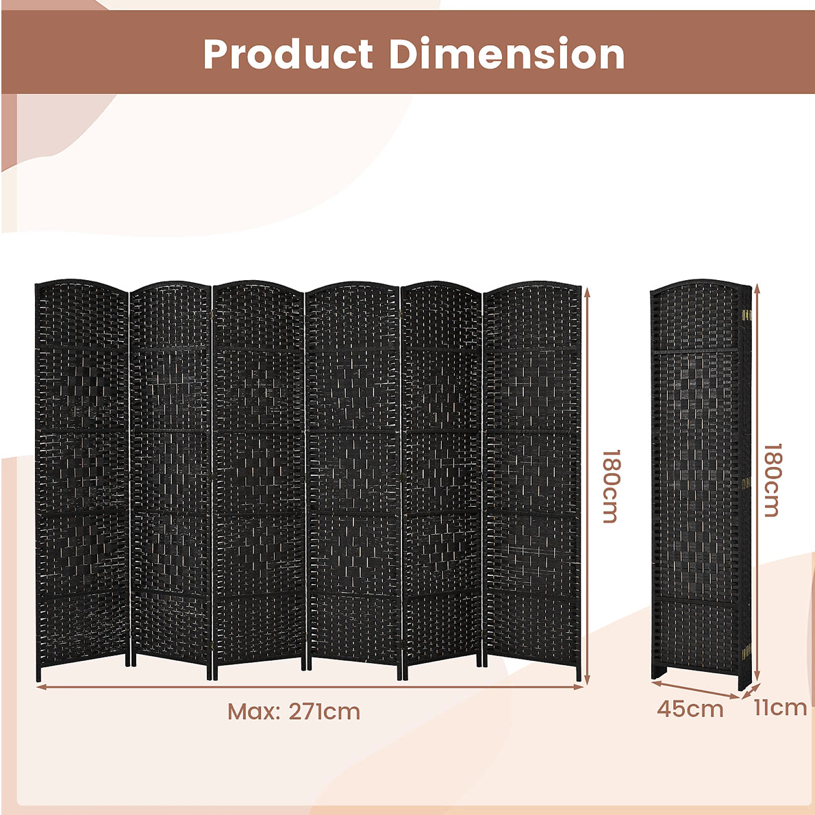 Costway 6 Panel Room Divider Folding Hand-woven Rattan Privacy Screen Wall (R168)