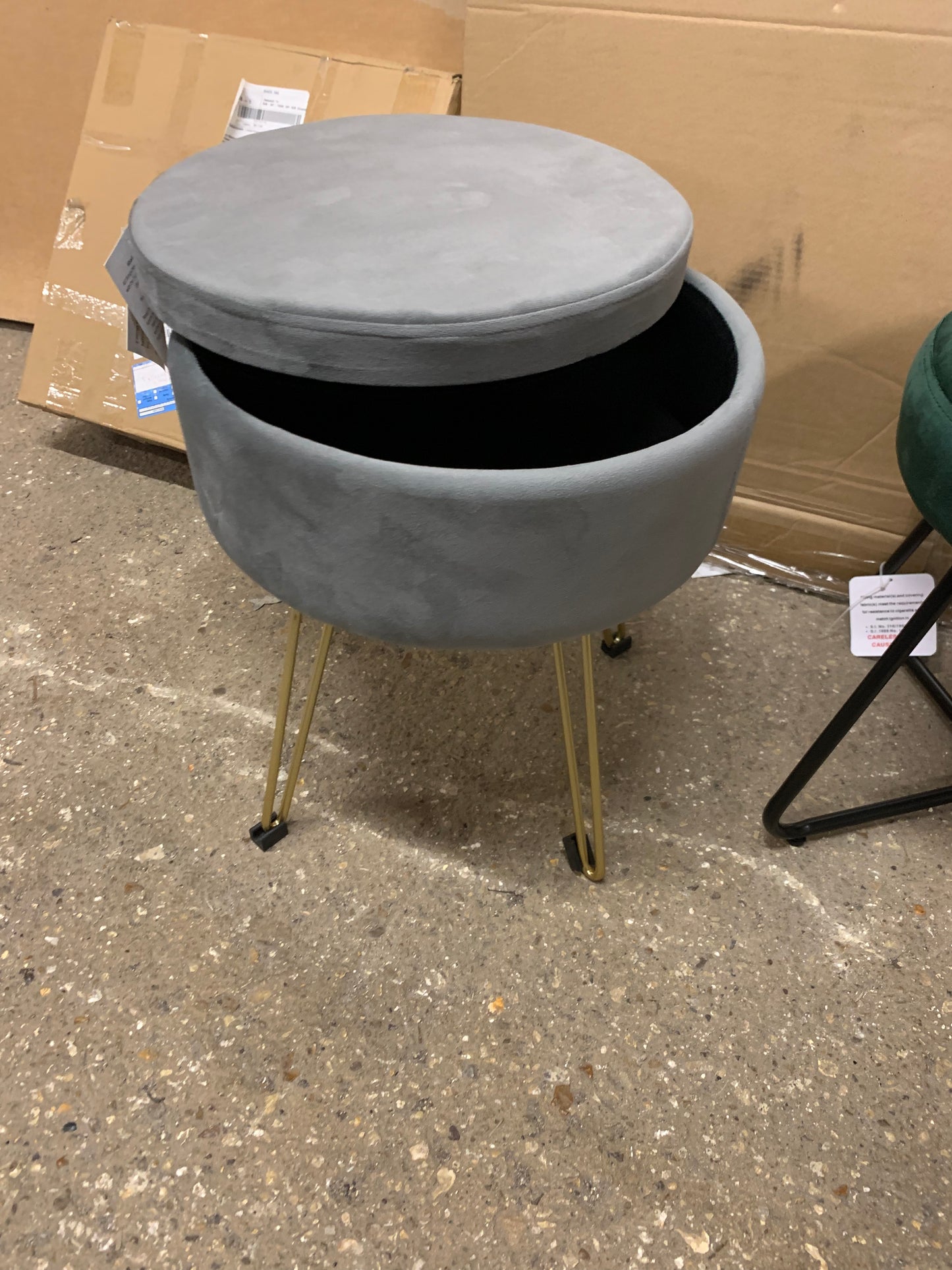 Grey Round Velvet Storage Footstool (S555)