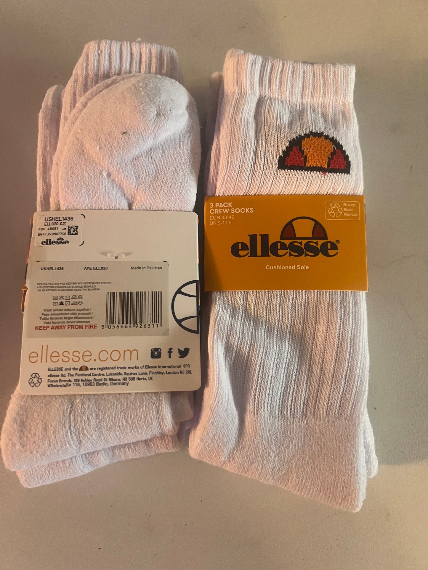 ellesse 2 x 3 Pack Socks (6 pairs in total) White UK 9-11.5 BRAND NEW