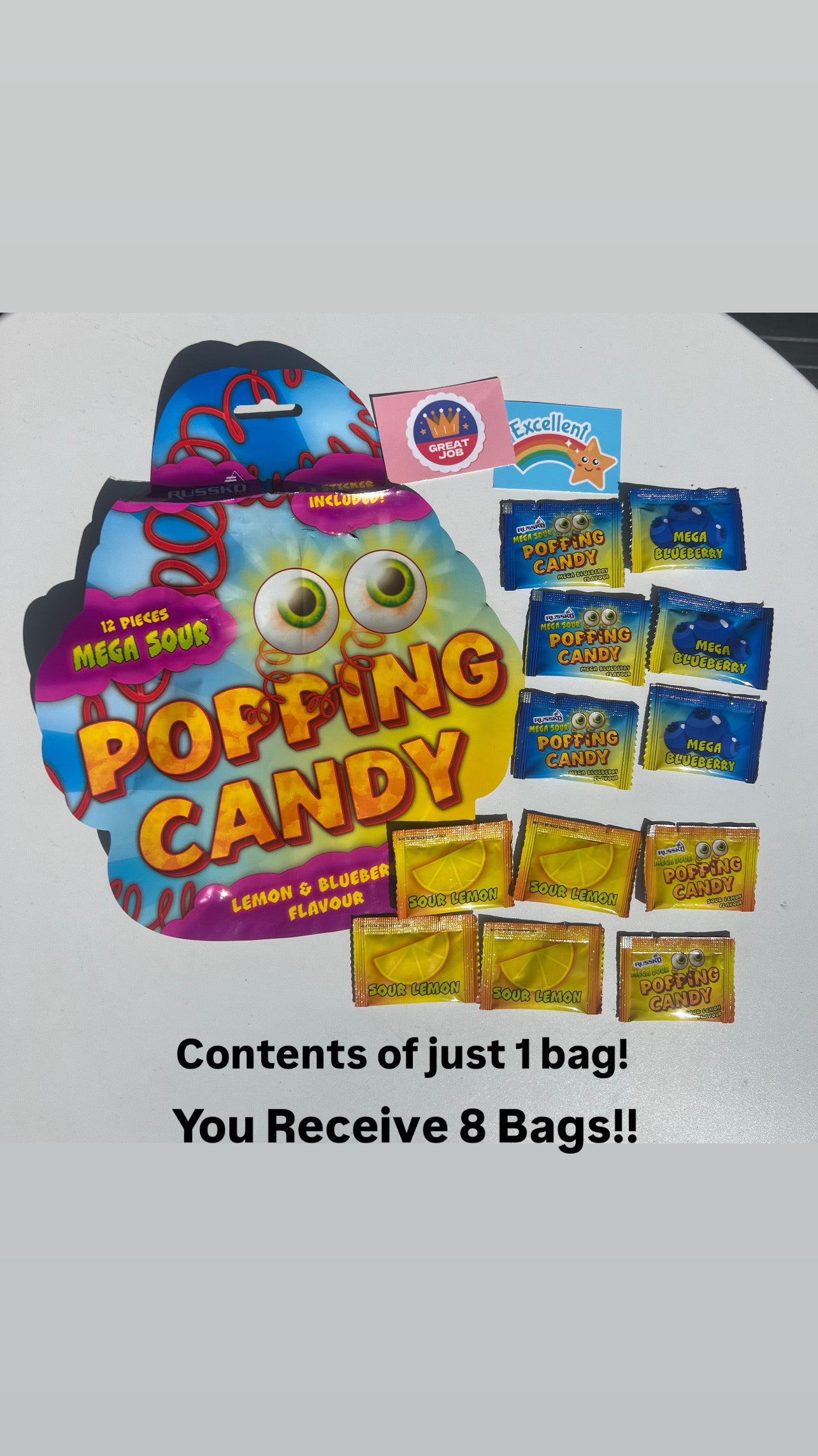 MEGA SOUR 8 Packs Popping Candy Lemon & Blueberry Flavour with Stickers